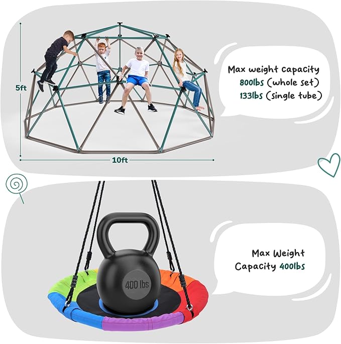 Hapfan 10 ft Climbing Dome Swing Set with Saucer Swing, Jungle Gym for Kids Outdoor Backyard, Supports 800lbs, Easy Asssembly, Rust-Resistant Outdoor Playset for Ages 3-8 8-12 (Green and Brown)