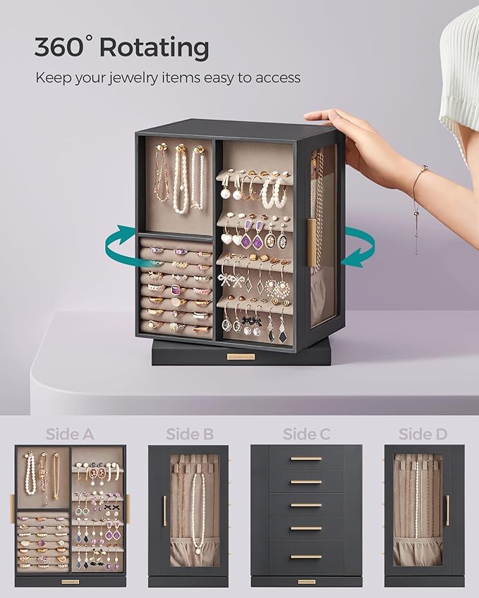SONGMICS Jewelry Box 360° Rotating, Jewelry Storage Case with 5 Drawers, Jewelry Organizer, Glass Window, Spacious, Vertical Jewelry Storage, Open Design, Great Gift, Slate Gray UJBC170G01