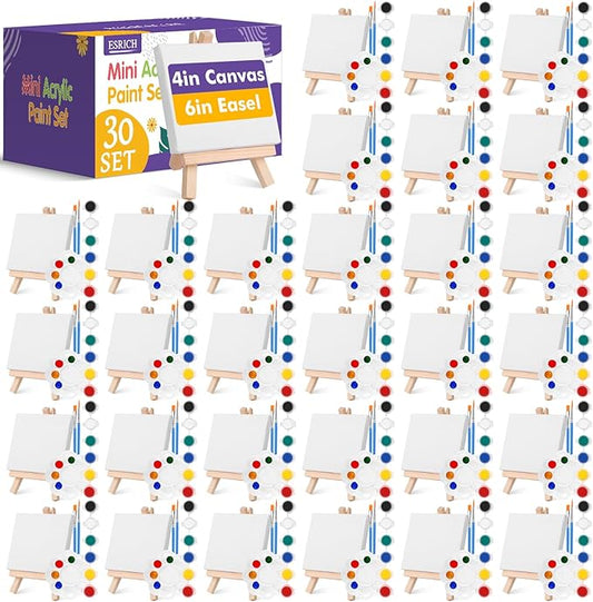 ESRICH 30Pack Mini Acrylic Paint Kit,Canvas Painting Kit,4inStretched Canva with6in Easel,Acrylic Paint Strips,Palettes,Painting Brushes,Canva and Easel Set for Kids Artists Beginner,Gift