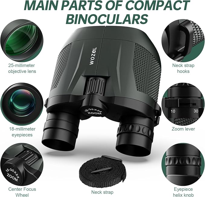10-30x25 Small Compact Binoculars for Adults - WOZEL High Powered Zoom Binoculars for Bird Watching Hunting Hiking Travel Sports - Lightweight Binocular with Large & Bright Field of View for Kids