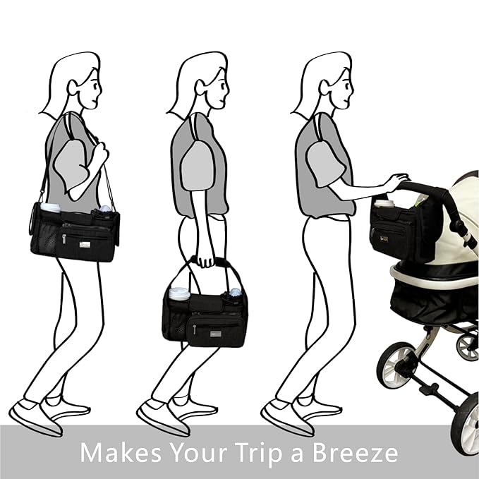 TOPDesign Universal Baby Stroller Organizer, Stroller Caddy with Detachable Mesh Bag & Heightened Insulated Cup Holders & Non-Slip Secure Hooks Accessories, Fits Most Strollers (Dogs)