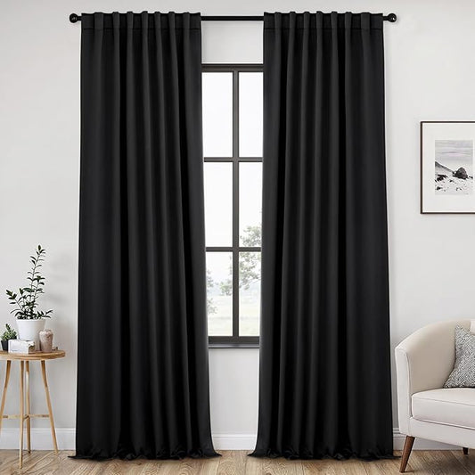 ANRODUO Back Tab Blackout Curtains for Bedroom Living Room, Rod Pocket Pinch Pleated Thermal Insulated Room Darkening Curtains 96 Inches Long 2 Panels, Black, 52 x 96 Inch