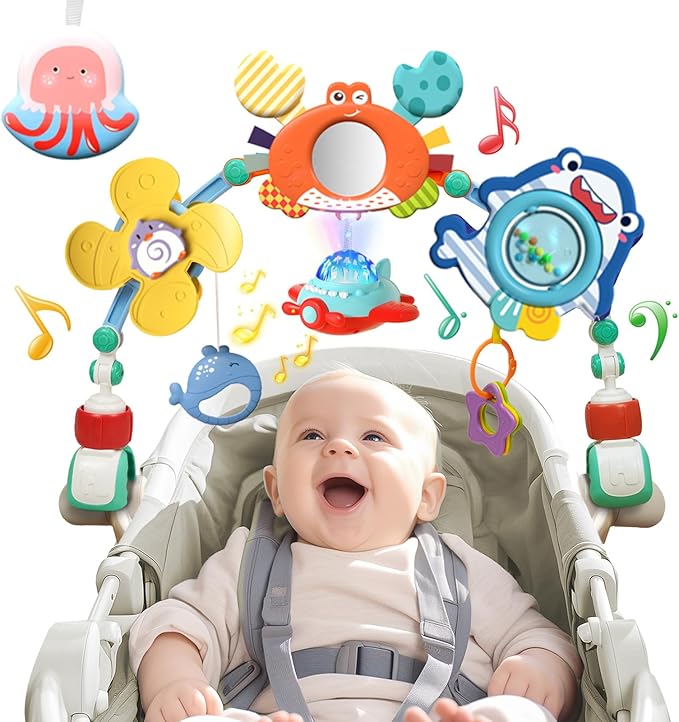 Musical Baby Stroller Arch, Travel Car Seat Toys, Baby Play Arch Crib Accessory, Mobile for Bassinet, Pram Activity Arch Bar for Babies Infants