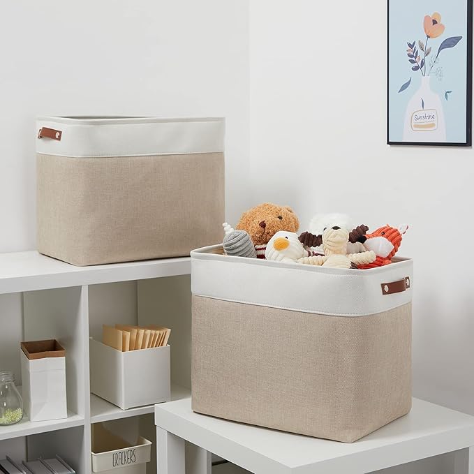 DULLEMELO Extra Large Storage Baskets, Fabric Storage Bins for Organizing Shelves Nursery Toys Books, Closet Baskets and Bins with Handles, White&Khaki, 2-Pack