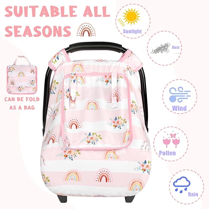 Pea Pod Car Seat Cover Baby, Infant Car Seat Canopy Covers for Newborn with 2 Layers Windows of Breathable Mesh Fabric, Lightweight Polyester/Soft Minky Dot Backing (Floral & Rainbow)