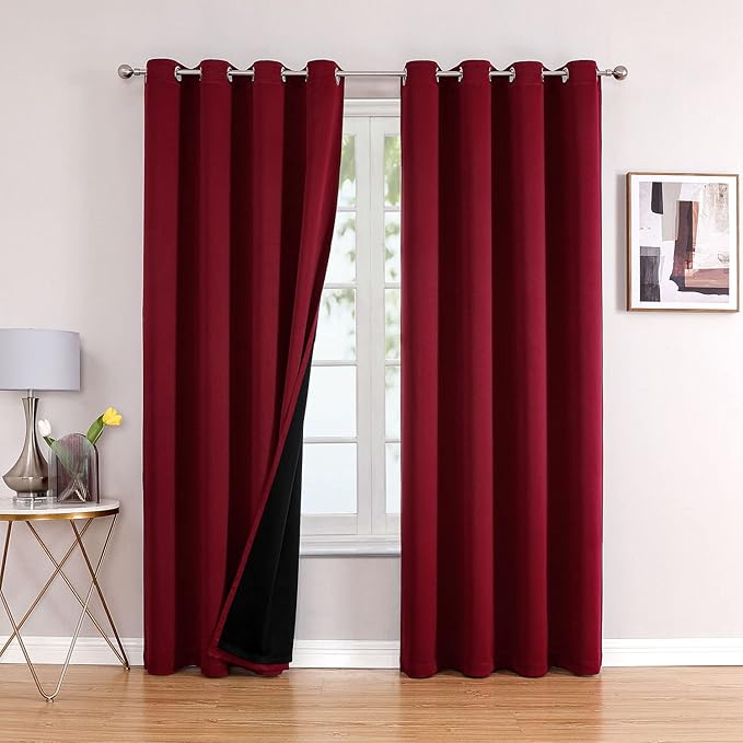 ChrisDowa 100% Blackout Curtains for Bedroom with Black Liner, 2 Thick Layers Total Blackout Thermal Insulated Grommet Window Curtains 2 Panels Set (Burgundy, 52 x 84 Inch)