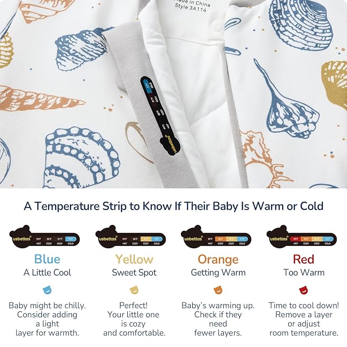 Baby Sleep Sack 3-6 Months, Cotton Detachable Long Sleeve Sleep Sack, 1.0 Tog Toddler Sleeping Sack with Temperature Strips, 2-Way Zipper Wearable Blankets for Newborns, Ocean