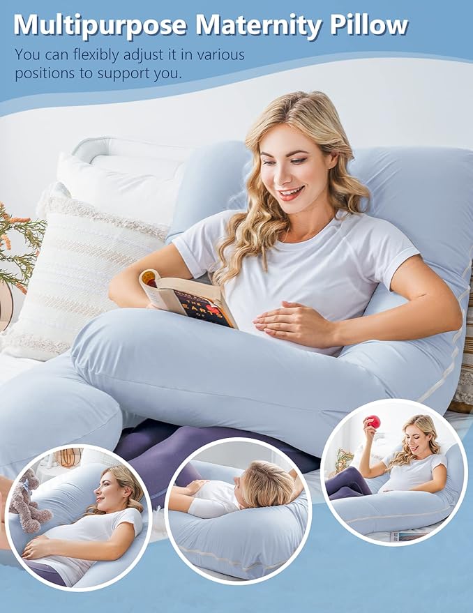 Meiz Pregnancy Pillow, Cooling Pregnancy Pillows for Sleeping, Maternity Pillow for Pregnant Women, Pregnancy Body Pillow with Cooling Jersey Cotton Cover, Blue