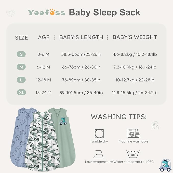 Yoofoss Baby Sleep Sack 12-18 Months Baby Wearable Blanket 100% Cotton 2-Way Zipper TOG 0.5 Toddler Sleeping Sack 3 Pack, Lightweight Sleep Sacks for Babies(Large)