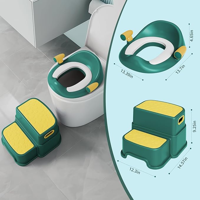 Potty Training Toilet Seat with Kids Step Stool Anti-Slip Toddler Potty Seat with Soft Cushion, Baby Potty Training Set Toddlers Toilet Seat for Boys and Girls (Green)