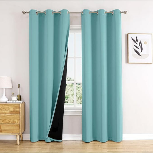 ChrisDowa 100% Blackout Curtains 84 inch Long for Bedroom with Black Liner, 2 Thick Layers Total Blackout Thermal Insulated Grommet Window Curtains 2 Panels Set (Aqua, 38 x 84 Inch)