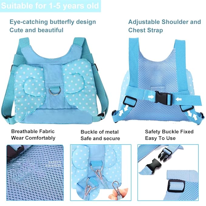 Toddler Harness with Leash - Child Leash and Anti Lost Wrist Link with Lock, Baby Walking Harness Assistant for Boys, Cute Traction Safety Leash for Kids, Holiday Travel Christmas Gift, Blue