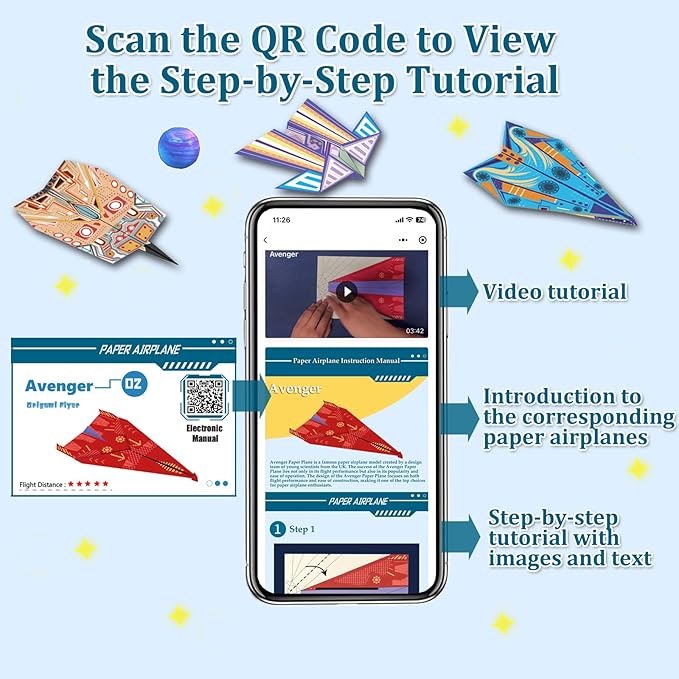 Paper Airplane Kits with 16 Classic Designs, 32 Sheets of Colorful Origami Paper, World Record Paper Planes, Airplane Gifts for Boys and Girls Ages 6-12+ (Digital Manual Only, Fun and Easy to Fold)