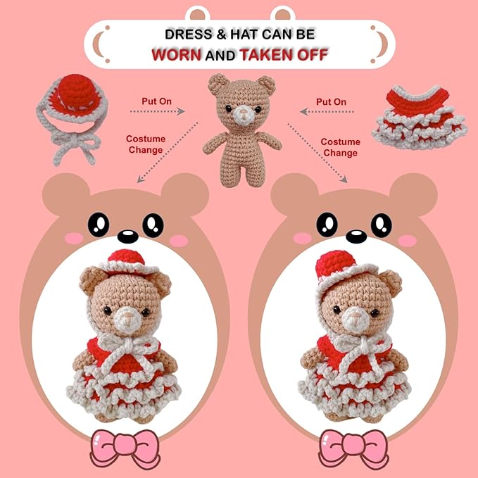 LoopMap Crochet Kit for Beginners - DIY Amigurumi Bear with Removable Dress & Accessories - Step-by-Step Video Tutorials, Extra Yarn, Crochet Tools, Handmade Gift for Kids & Adults (Bear K02, red)