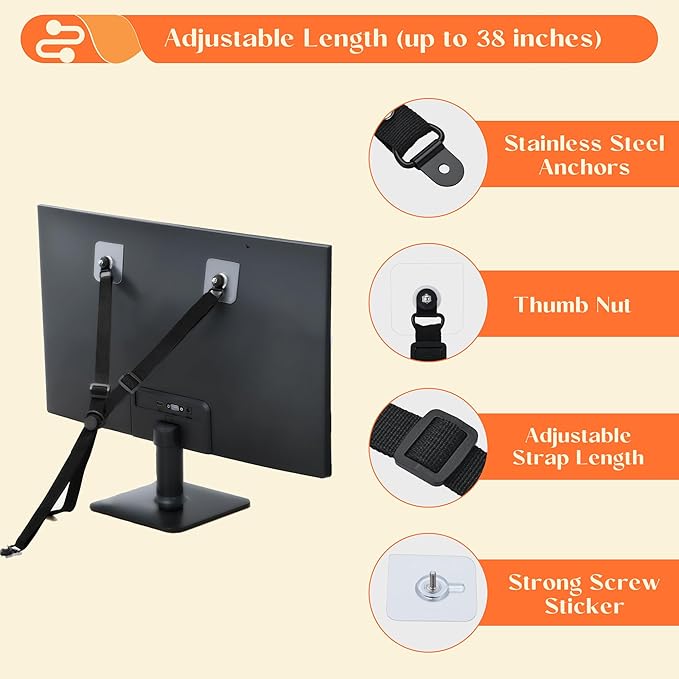 TV Safety Straps Adjustable, Adhesive Anti-Tip Furniture Anchor for Flat Screen, TV and Furniture Safety Straps for Baby Proofing, Black