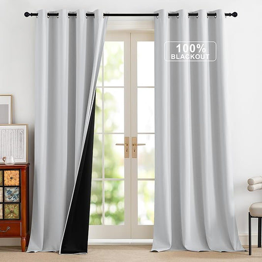NICETOWN 100% Blackout Curtains 96 inches Long for Bedroom - Grommet Privacy Window Treatment Drapery Thermal Insulated Curtains for Living Room, 1 Pair, 52" W x 96" L, Greyish White