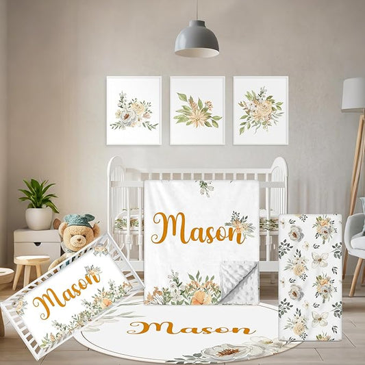 Custom Baby Crib Set - 5 Pcs Personalized Name Flowers Crib Bedding Set for Infants Toddlers - Soft Double Layer Nursery Bedding Set for Girls Boys - Customized Gifts for Baby Shower Birthday