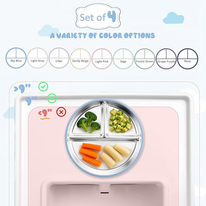 Stainless Steel Suction Plates for Toddlers, 9" Divided Kids Baby Plates with Removable Silicone Suction, Non Toxic Non Slip Portion Control Snack Dishes 4 Packs, Blue Green Purple Beige