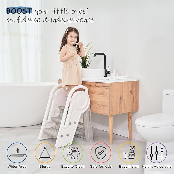 Foldable Toddler Step Stool for Bathroom Sink, Adjustable Kids 3 or 2 Step Stool for Toddlers Bathroom Toilet Potty, Plastic Baby Girl Child Stepping Stool with Handle Rail for Kitchen Counter