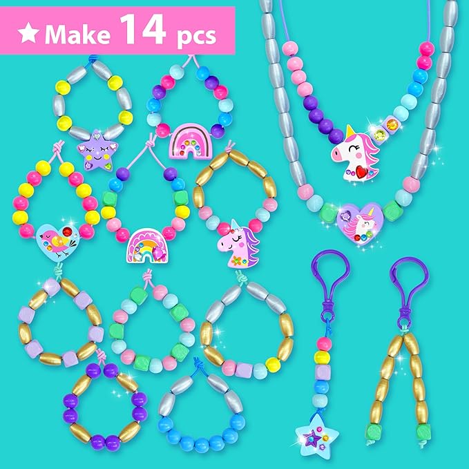 KRAFUN Unicorn Bracelet Craft Kit for Kids, Premium Wooden Beads, 14 Easy DIY Friendship Bracelets, Charms, Gem Stickers, Instructions, Gift for Girls