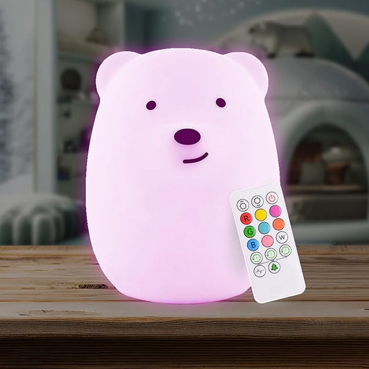 Lumipets Remote Control Silicone Night Light for Kids - Bear Design with 9 Soft Colors & Sleep Timer - Rechargeable, Battery-Operated Lamp for Bedroom | Baby Nursery, Toddler, Girls, Boys
