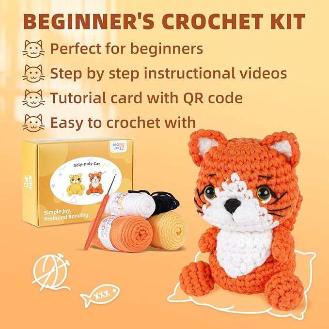 MOREJMTT Crochet Kit for Beginners, Learn to Crochet, Include Easy Knitting Soft Yarn, Step-by-Step Video Tutorial, Hook, Holiday Birthday Gift for Adults and Kids(2pack cat)