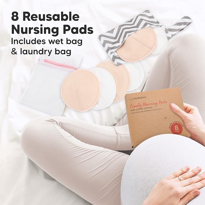 Organic Nursing Pads - 8 Washable Viscose Derived from Bamboo Breastfeeding Pads, Wash Bag, Reusable Breast Pads for Breastfeeding, Nipple Pads for Breastfeeding Essentials(Bare Beige, M 3.9")
