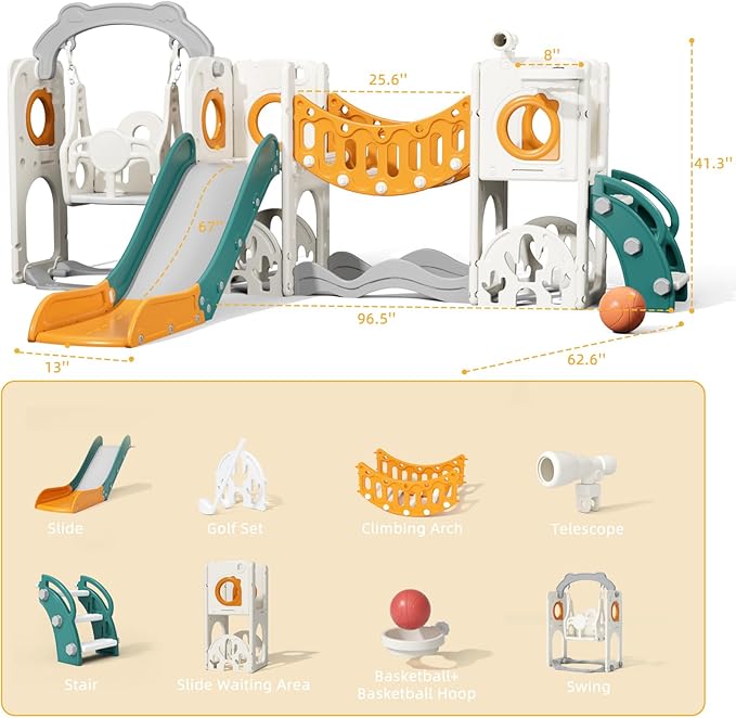 KORIMEFA 11 in 1 Toddler Slide and Swing Set, Kids Slide for Toddlers, Outdoor Indoor Playground for Toddlers 1-3, Toddler PlaySet with Basketball Hoop and Ball Golf Set, Climbing Arch(Yellow & Green)