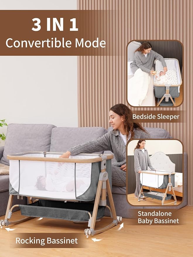 Baby Bassinet Bedside Sleeper - 3 in 1 Bassinets with Waterproof Sheets, Soft Mattress and Breathable Mesh, Adjustable Height Bedside Bassinet for Baby with Wheels, Storage Basket, Gray