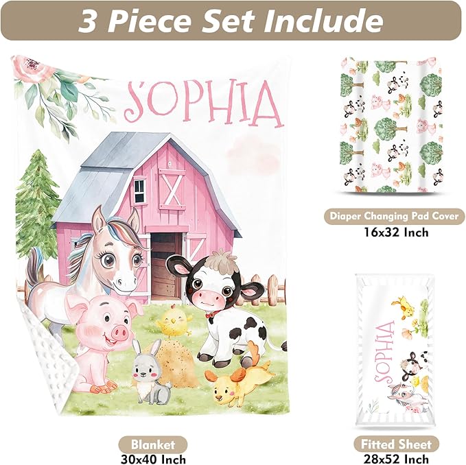 Custom Name Crib Bedding Set - Animal House Design, Personalized Baby Nursery Bedding 3-Piece Set– Soft Blanket, Fitted Sheet, Changing Pad Cover – for Newborns Girls Nursery Gifts