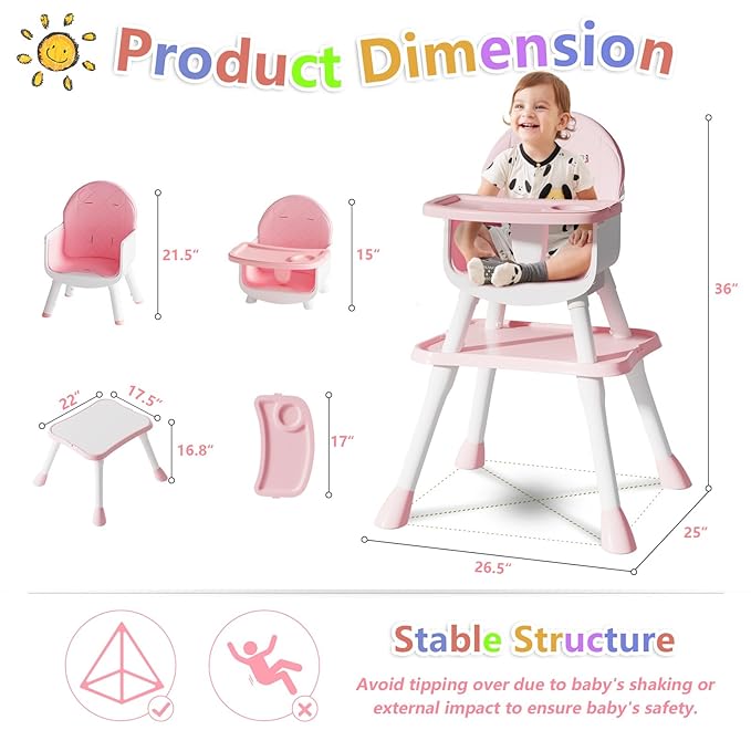 6 in 1 Baby High Chair for Babies and Toddlers, Booster Seat, Kids Learning Table & Chair (Pink)