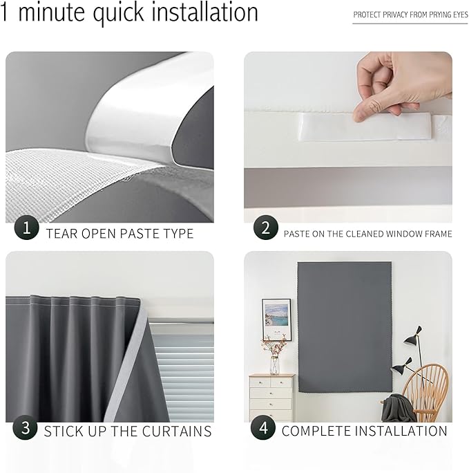 Magic Tape Stick On Curtains Window Shades Pull Down Blackout Window Cover Blackout Curtains for Bedroom No Drillng Self Adhesive Curtains No Rod Small Curtain, 47" W X 59" L, Grey, 1 Panel