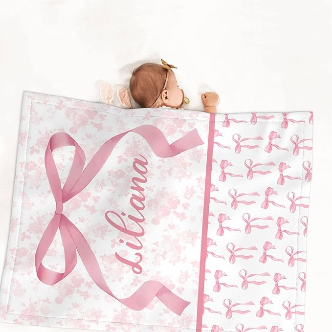 Personalized Baby Girl Crib Bedding Set – Custom Name Pink Bow 3-Piece Nursery Set with Soft Flannel Blanket, Fitted Sheet & Pillowcase – Infant & Toddler Bedding Gift
