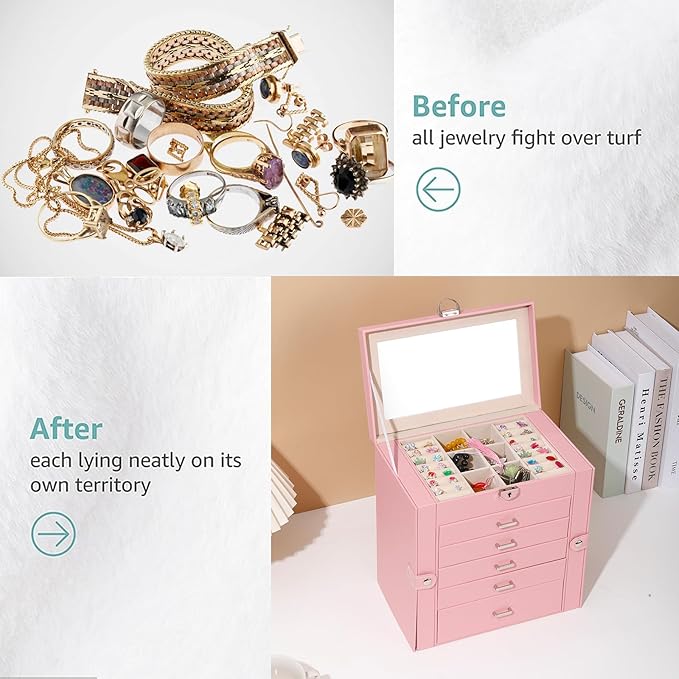 BOOVO Jewelry Box For women, 6 Layer Large Jewelry Organizer With Mirror, Multi-Function Storage Box With Lock, Accessory Holder With 5 Drawers, For Earrings Necklace Ring Bracelet (Pink)