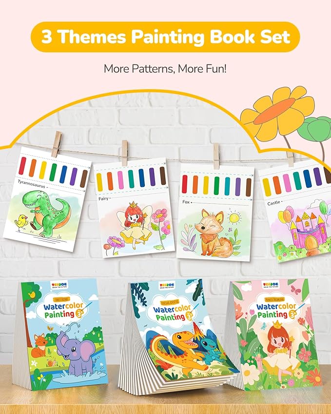 TECJOE 3 Pack Paint With Water Coloring Books for Toddlers, Watercolor Paint Set with 6 Brushes, Painting Activity for Kids Ages 4-8, Christmas Gift arts & Crafts Toy, Princess, Dinosaur & Forest