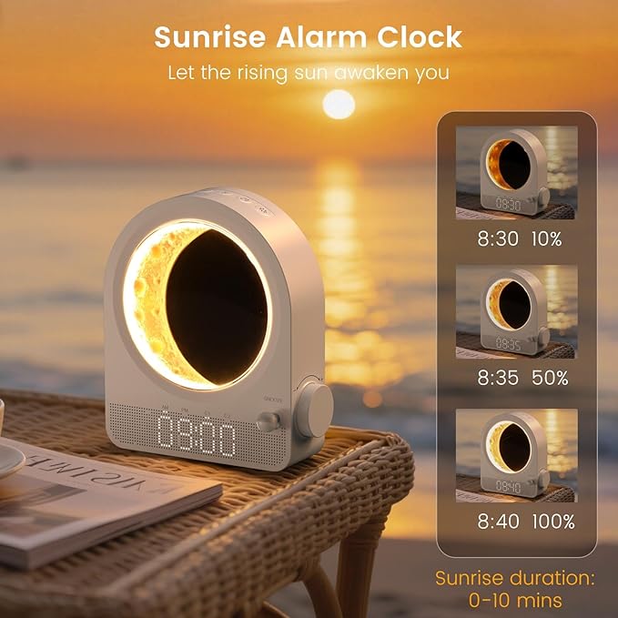 Sunrise Alarm Clock, White Noise Machine & Meteor Moonlight - 10 Soothing Sounds, Dual Alarms, 30/60/90min Timer, Easy Snooze - Bedroom Gift for Insomnia Adults/Women - White