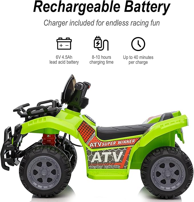 Kids ATV 4 Wheeler, 6V Ride-On Toy for Toddlers 1-3 Boys & Girls with Music, Forward & Reverse - Green