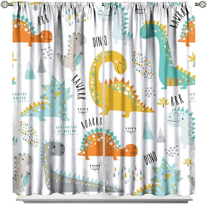 Dinosaur Curtains for Kids Boys Girls Home Decor Childish Cute Dino Animals Print Pattern Rod Pocket Blackout Window Drapes for Nursery Baby Bedroom Playroom W27.5xL63in 2 Panels
