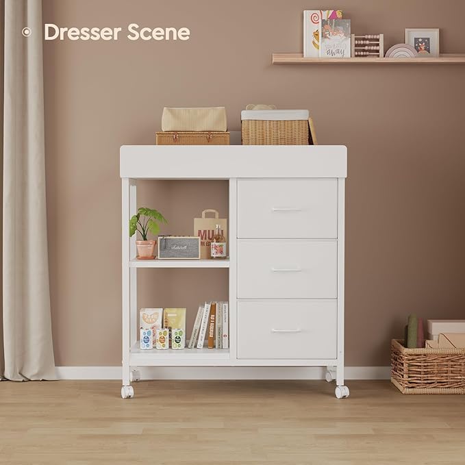 Changing Table Dresser, Baby Dresser with 3 Fabric Drawers and 2 Shelves, Multi-Functional Baby Changing Table with Pad, Classic Nursery Dresser, Diaper Changing Station for Nursery, White