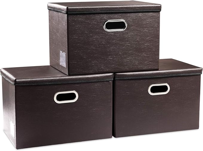PRANDOM Collapsible Storage Bins with Lids [3-Pack] Leather Fabric Foldable Storage Boxes Organizer Containers Baskets Cube with Cover for Bedroom Closet Office Nursery Brown (14.9x10.8x10)