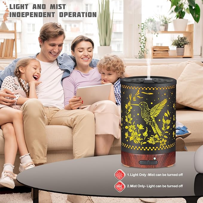 Metal Essential Oils Diffuser 150ML Aromatherapy Diffuser Cool Mist Humidifier with 7 Colors Lights Waterless Auto Off Air Diffusers as Gifts for Moms Women Girls (E-Hummingbird)