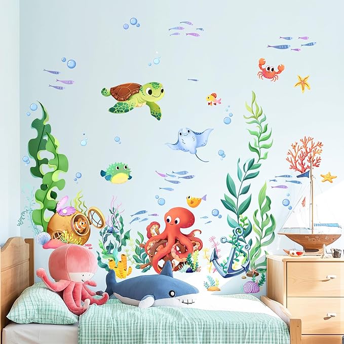 Supzone Under The Sea Wall Decals Ocean Fish Seaweed Sea Turtle Octopuses Wall Stickers for Kids Toddlers Bedroom Living Room Baby Nursery Wall Decor