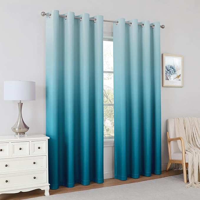 HOMEIDEAS Turquoise Ombre Blackout Curtains 52 X 63 Inch Length Gradient Room Darkening Thermal Insulated Energy Saving Grommet 2 Panels Window Drapes for Living Room, Bedroom