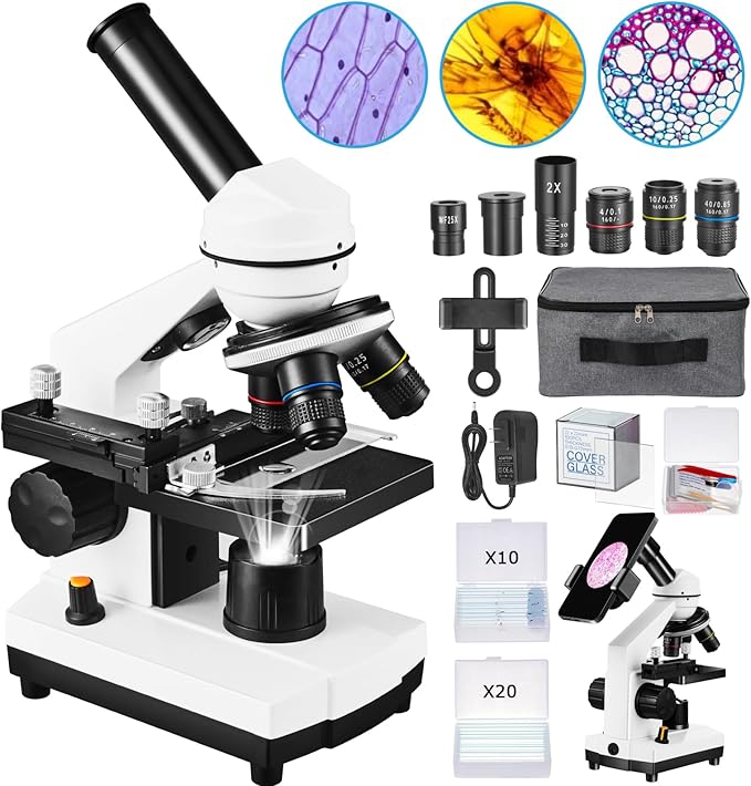 Microscope for Adults Kids,40X-2000X Monocular Microscope Kit for Home School Lab, 2 LED Lights & 5 Colors Kids Microscope with Phone Holder,10 Specimen Slides,20 Slides,100 Coverslips, Bag