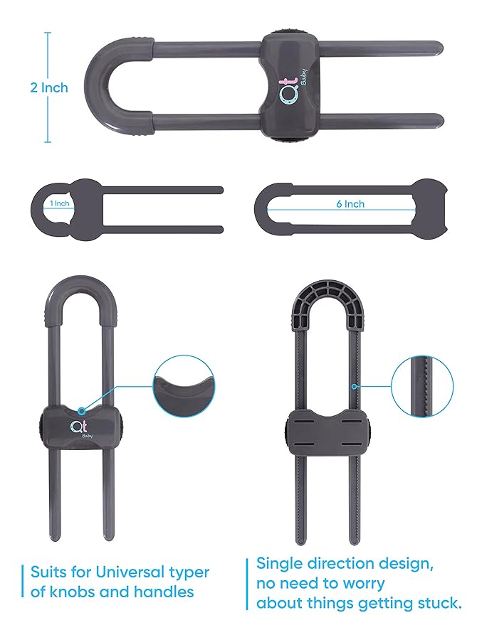 Baby Proofing Cabinet Locks | Adjustable U Shaped Baby Safety Latches for Drawers, Fridge, Closet |Modern Baby Proofing Cabinet Lock with Extra Secure Lock Buttons (Pack of 2)