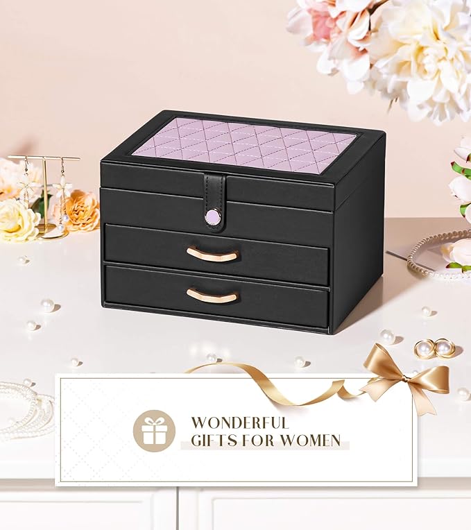 Black Jewelry Box Organizer: Home Decor for Women - 2-Drawer Holder for Valentine’s Day Birthday Christmas Black Grey-Purple