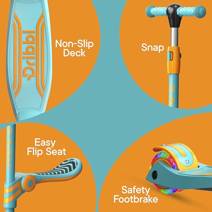 Aqua Orange 3 Wheel Scooter with Seat for Kids – Light-Up LED Wheels, Adjustable Handlebar and Seat, Smooth PU Wheels, Wide Anti-Slip Deck, Rear Foot Brake – Toddler Outdoor Toys for Ages 2+