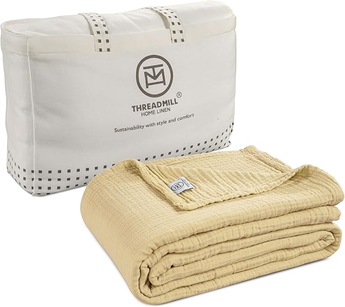 Threadmill Summer Muslin Blankets Queen Size | 100% Cotton 4 Layer Gauze Blanket | Soft, Breathable and Cozy Blanket | Cozy, Lightweight Blankets for Bed Seasons | Beige