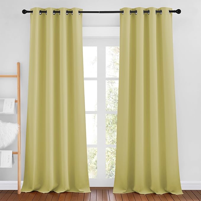 NICETOWN Room Darkening Curtains 90 inch Length - Triple Weave Energy Saving Thermal Insulated Solid Grommet Room Darkening Draperies for Bedroom/Living Room (1 Pair, W46 x L90, Paler Yellow)