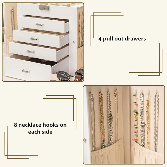 AKOZLIN 5-Tier Jewelry Box Lockable Leather Jewelry Storage Case with 4 Drawers for Women Girls Ring Necklace Earring Bracelet Watches Holder Organizer with Mirror